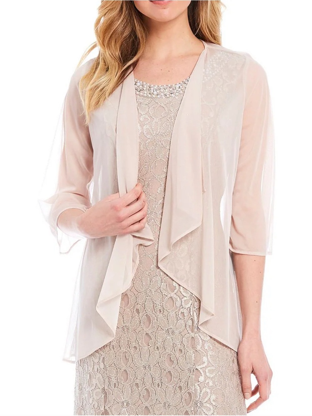 R&M Richards Blush Taupe Lace Dress with Sheer Jacket